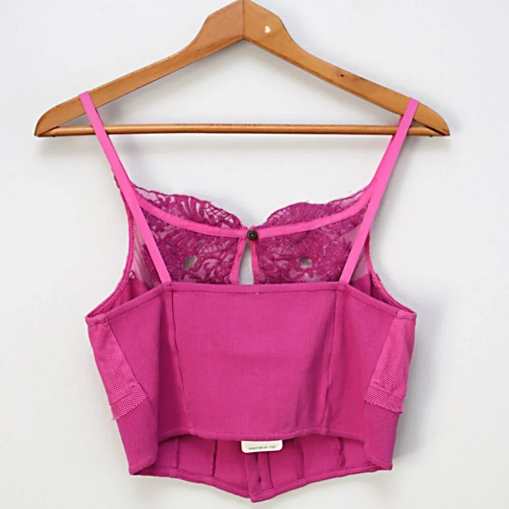 Free People Have My Heart Lace Tank Cotton Crop Top Pink Purple Buttons Summer - Picture 7 of 10